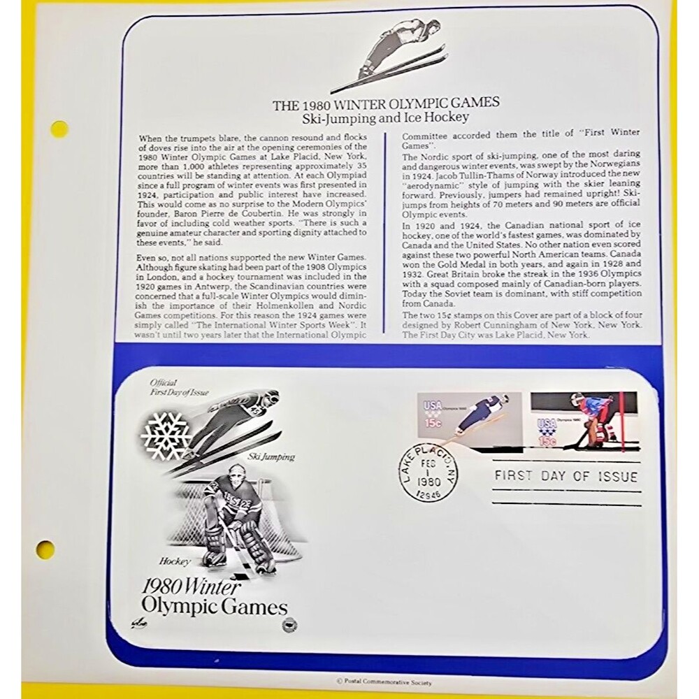 1980 Winter Olympics Games Ski Jumper & Ice Hockey FDC